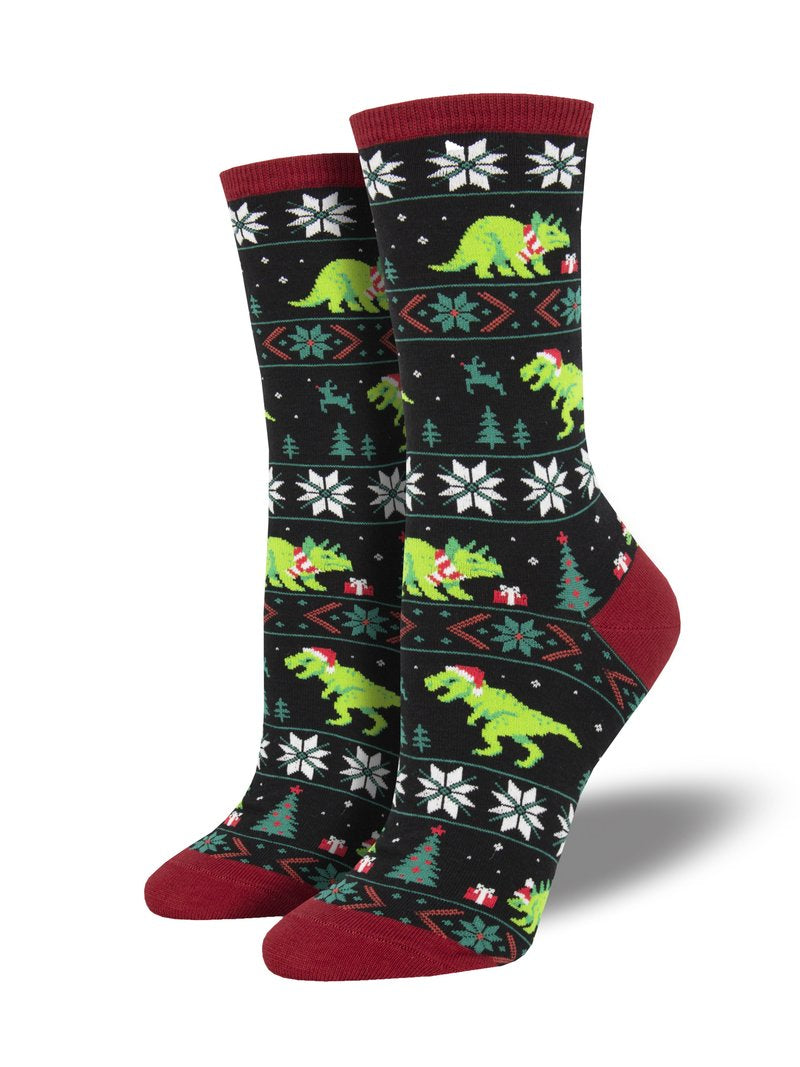 Santasaurus Rex (Black) Women's Crew Socks