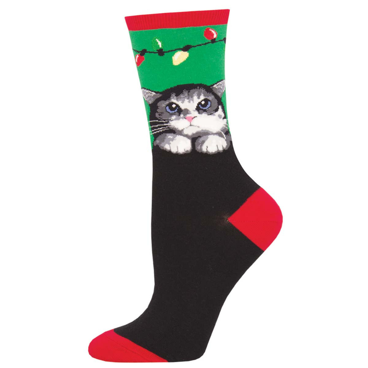"Purrty Lights, Cat (Green) Women's Crew Socks"