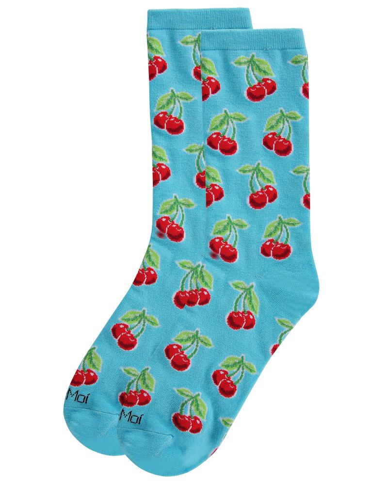 Red Cherries (Turquoise) Women's Bamboo Crew Socks