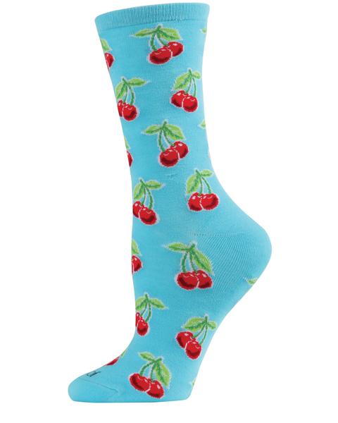Red Cherries (Turquoise) Women's Bamboo Crew Socks